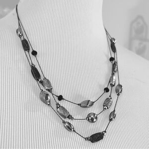 THREE STRAND TEXTURED BEADED SILVER TONE NECKLACE